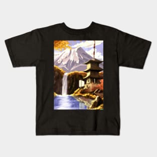 Japan Tower Waterfall Painting Kids T-Shirt